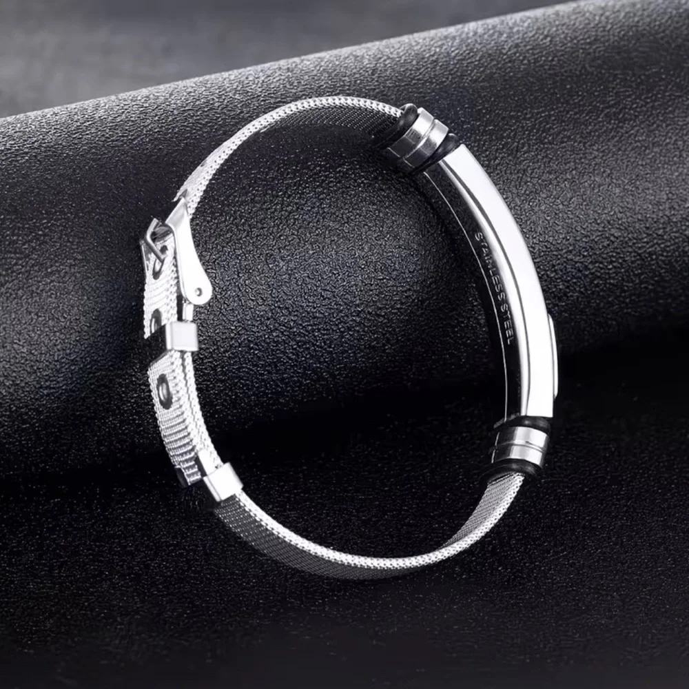 NWT Men’s Stainless Steel Cross Adjustable Mesh Bracelet Christian Silver Black